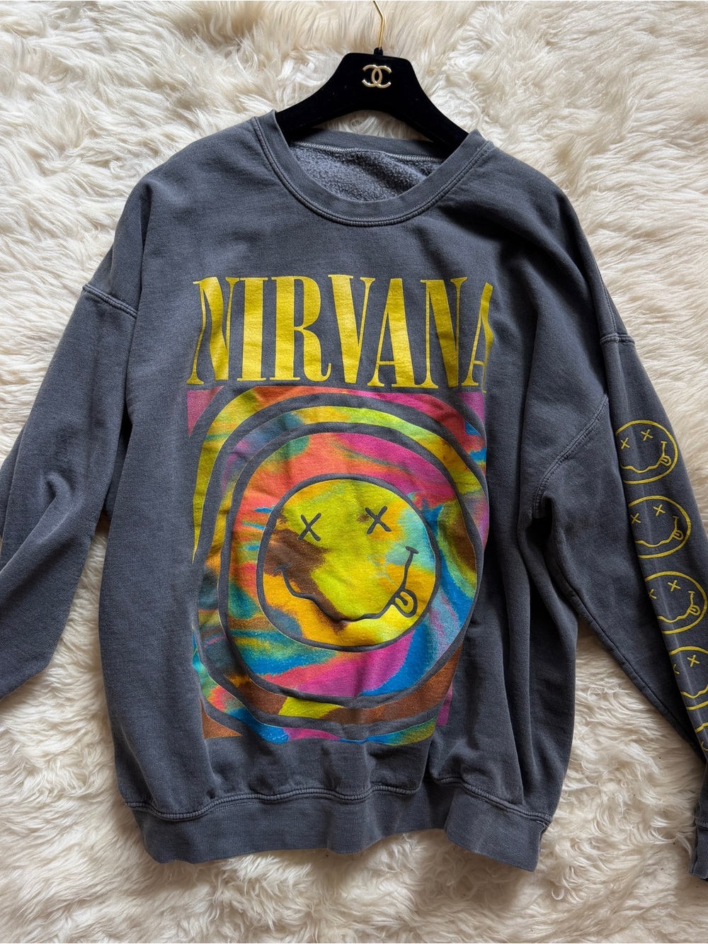 NIRVANA Charcoal Crewneck with Multicolor Smiley Graphic